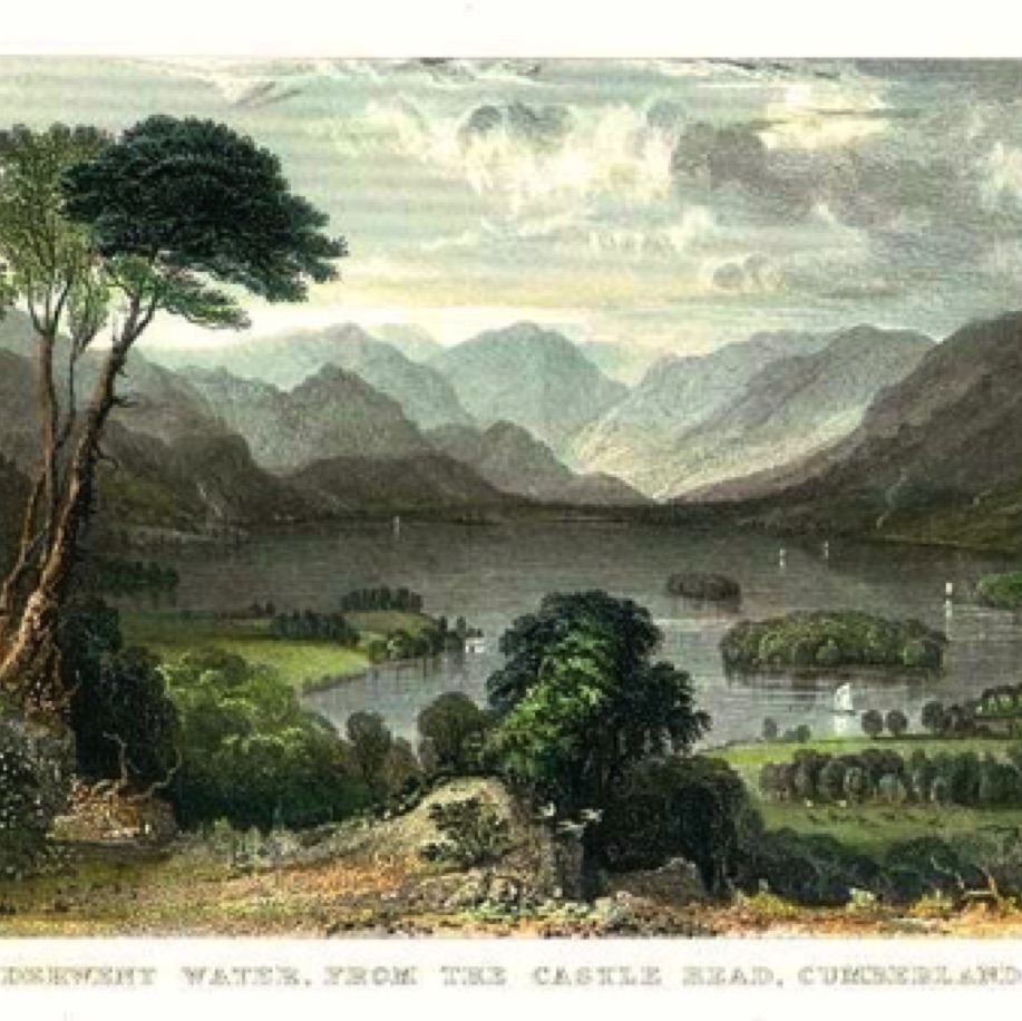 "Derwent Water from the Castle Head,Cumberland" engraved by S.Lacey after a picture by W.Westall, published in Great Britain Illustrated 
(1830)